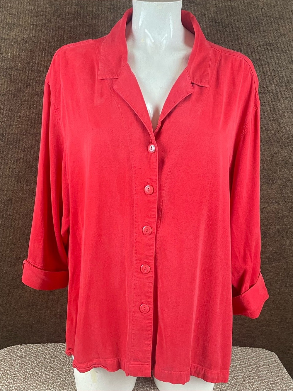 Tianello Aida Blouse Large Red Tencel Rayon Button Front 3/4 Sleeve USA C70